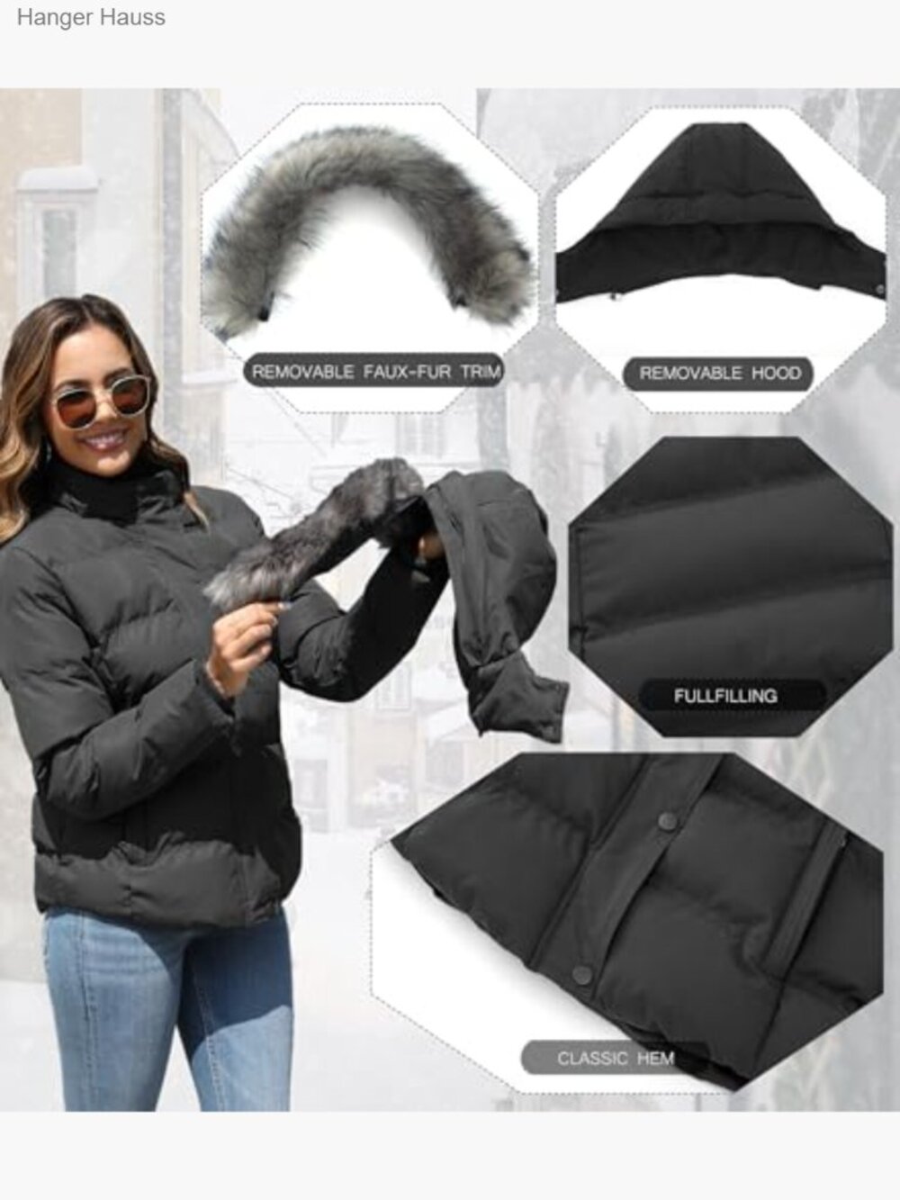Quilted Puffer Jacket with Removable Fur Hood, Warm Winter Coat Plus Size - Picture 2 of 7